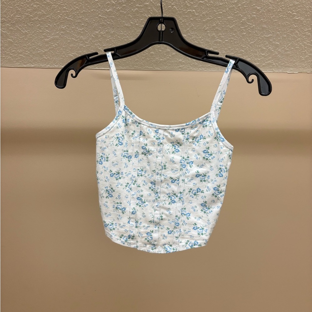 RSQ White Tank Top with Blue Floral Pattern